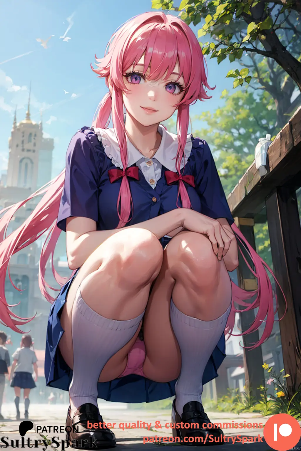 Image female,long_hair,looking_at_viewer,smile,panties,patreon,patreon_username,ai_generated,pink_hair,pink_eyes,schoolgirl,sitting,school_uniform,looking_down,socks,outdoors,skirt,ribbon,squatting,school,commission,shoes,ribbons,pink_panties,upskirt,white_socks,long_socks,sultryspark,gasai_yuno,mirai_nikki