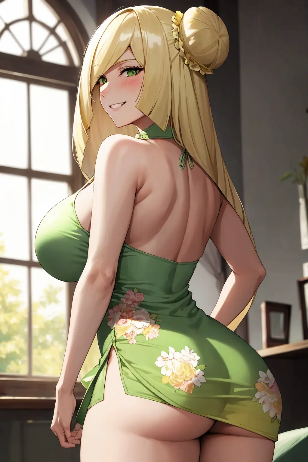 Image blush,breasts,clothing,female,hi_res,looking_at_viewer,smile,pokemon,ass,looking_back,voluptuous,ai_generated,huge_breasts,blonde_hair,green_eyes,double_bun,nintendo,lusamine_(pokemon),pokemon_sm,game_freak,chinese_clothes,flyingpancake