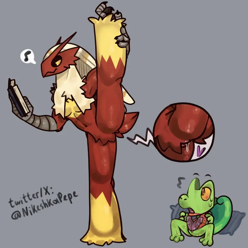 Image female,hi_res,open_mouth,simple_background,smile,standing,male,nude,penis,pokemon,pokemon_(species),pussy,tail,duo,digital_drawing_(artwork),digital_media_(artwork),anthro,spread_legs,spreading,mythology,nintendo,genital_fluids,bodily_fluids,fur,genitals,avian,bird,pokémon_(species),mythological_creature,feral,red_body,flexible,generation_3_pokemon,one_leg_up,splits,vertical_splits,raised_leg,blaziken,nikeshka,treecko