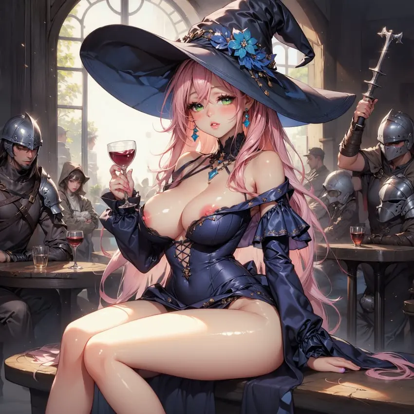 Image 1girls,breasts,female,light-skinned_female,long_hair,looking_at_viewer,nipples,seductive,ai_generated,pink_hair,green_eyes,armorphiss,character_request,original,original_character,petite,witch_costume,witch_hat,tavern,magical_girl,wine,wine_glass,fantasy,witch,knight,wand,barbarian