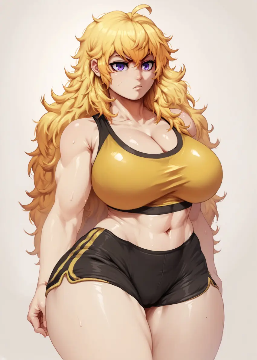 Image breasts,female,large_breasts,long_hair,solo,wide_hips,ai_generated,solo_focus,gym_uniform,rwby,yang_xiao_long,jlullaby_(style),relaps63