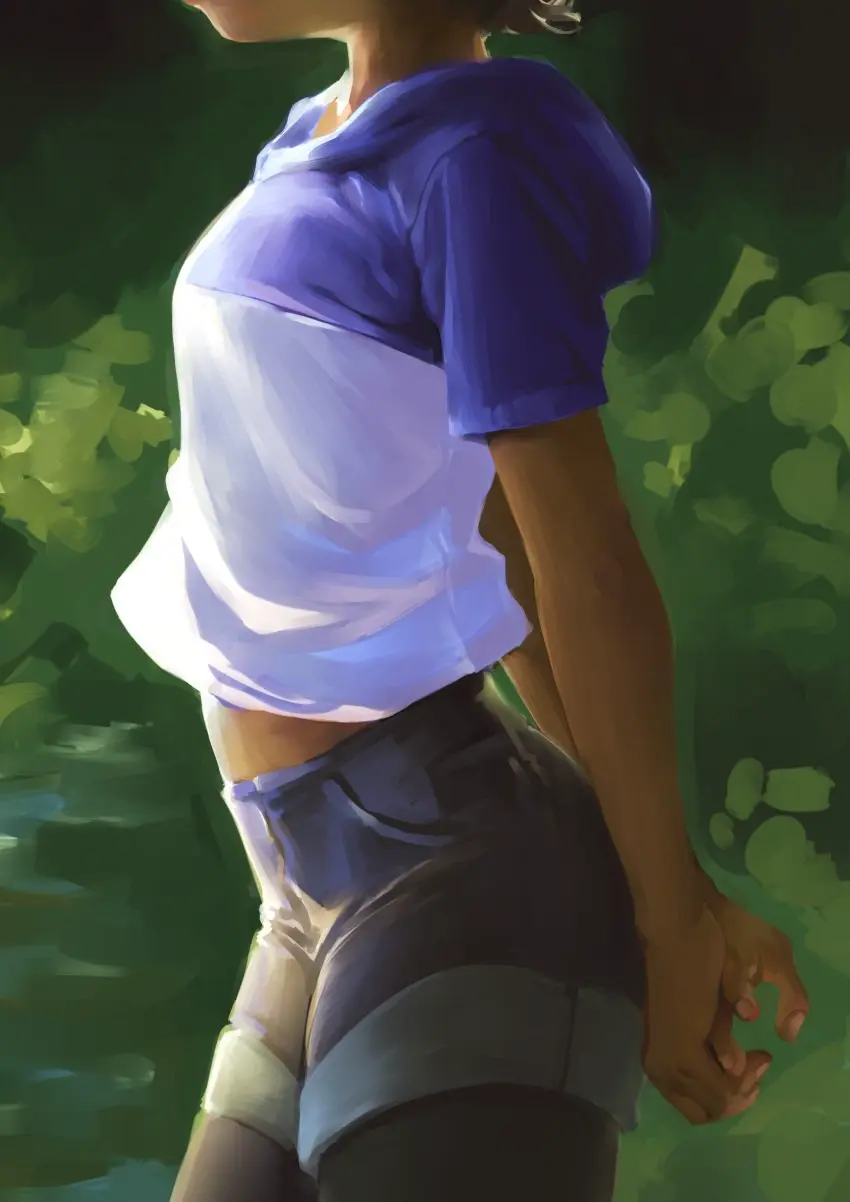 Image breasts,clothed,female,highres,solo,standing,absurdres,black_legwear,ass,hair,slim,dark-skinned_female,shorts,skinny,skinny_girl,hood,hoodie,the_owl_house,luz_noceda,arms_behind_back,perky_breasts,jcm2