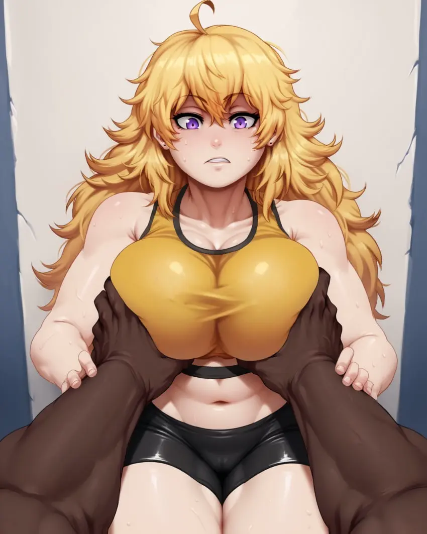 Image breasts,female,large_breasts,light-skinned_female,male,dark-skinned_male,wide_hips,ai_generated,grabbing,breast_grab,gym_uniform,rwby,yang_xiao_long,jlullaby_(style),relaps63