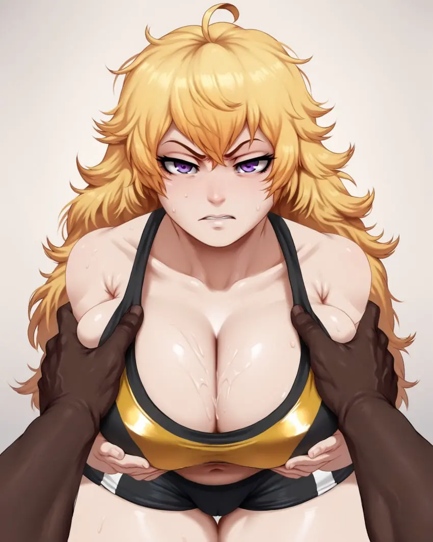 Image breasts,female,large_breasts,light-skinned_female,male,dark-skinned_male,ai_generated,breast_grab,gym_uniform,grabbing_own_breast,rwby,yang_xiao_long,jlullaby_(style),relaps63