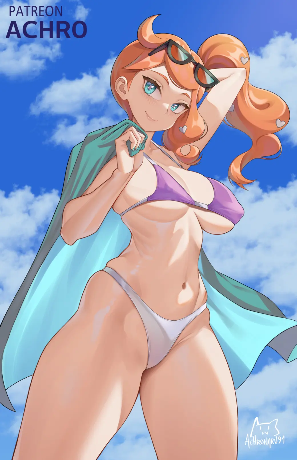 Image 1girls,breasts,female,light-skinned_female,light_skin,long_hair,smile,pokemon,bikini,orange_hair,huge_breasts,nintendo,outdoors,side_ponytail,aqua_eyes,naughty_face,pokemon_ss,sonia_(pokemon),achromaru