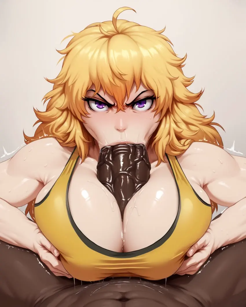 Image 1girls,breasts,female,large_breasts,light-skinned_female,shiny_skin,male,oral,penis,dark-skinned_male,dark_skin,interracial,ai_generated,cleavage,veiny_penis,blonde_hair,paizuri,purple_eyes,trembling,pov,male_pov,large_penis,angry,titjob,gym_uniform,rwby,yang_xiao_long,:>=,paizufella,glaring,vacuum_fellatio,jlullaby_(style),workout_clothes,relaps63