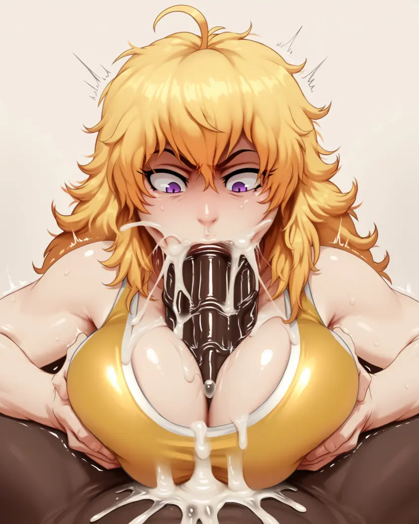 Image breasts,female,large_breasts,light-skinned_female,cum,cum_in_mouth,male,penis,straight,dark-skinned_male,ai_generated,paizuri,cum_on_breasts,trembling,surprised,large_penis,titjob,gym_uniform,rwby,yang_xiao_long,ai_hands,jlullaby_(style),relaps63