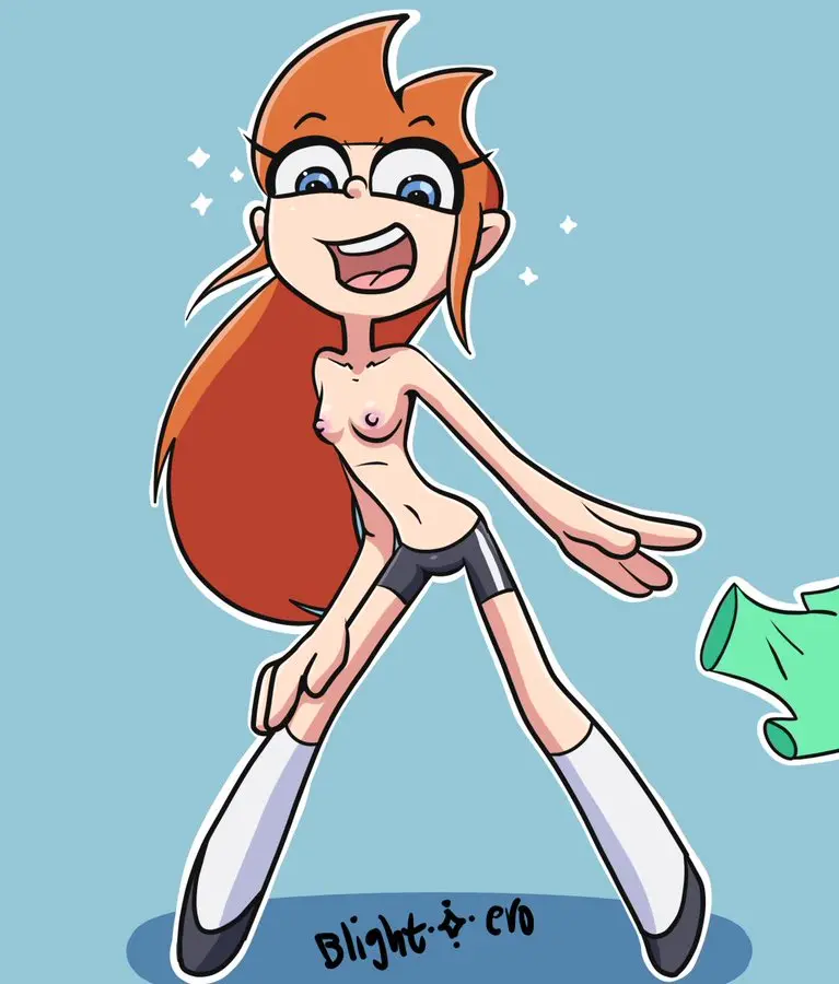 Image 1girls,breasts,female,female_only,long_hair,looking_at_viewer,open_mouth,solo,standing,small_breasts,ginger,pale_skin,excited,topless,undressing,shoes,bike_shorts,sparkles,bent_forward,kneesocks,blightstar,clothing_removed,emily_(blightstar),tossing