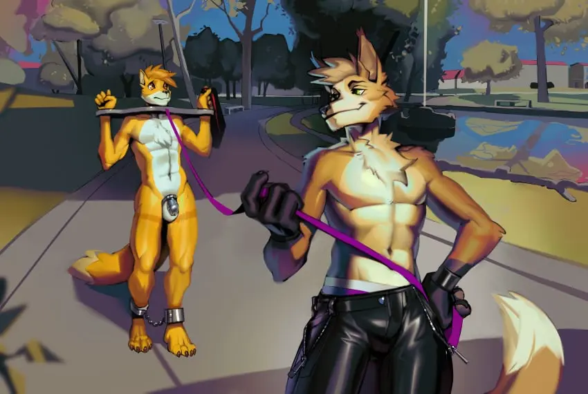 Image hi_res,male,duo,balls,anthro,absurd_res,public,canid,canine,genitals,mammal,chastity_cage,outside,fox,restraints,cuff_(restraint),shackles,chastity_device,aless-sotan,dusty_foxwood_(dusty0071),grumpy_gray_guy