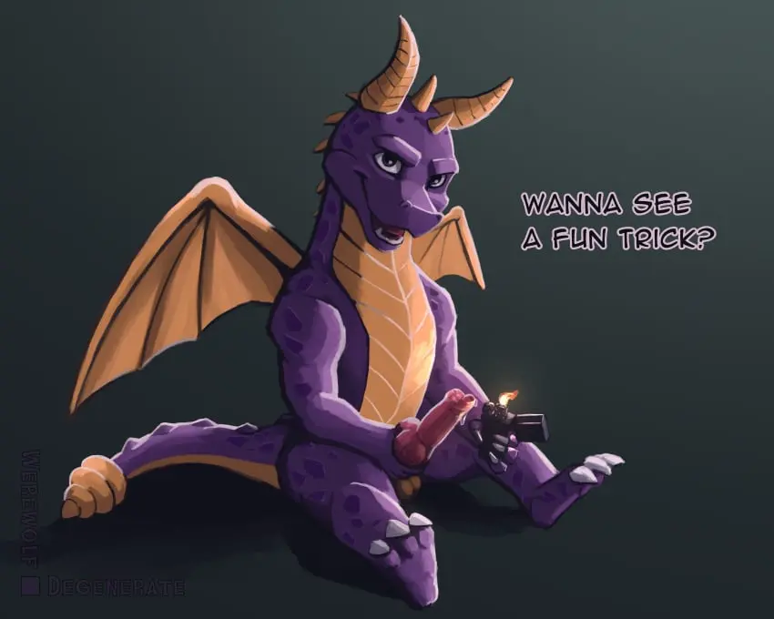 Image hi_res,looking_at_viewer,open_mouth,simple_background,smile,solo,cum,male,nude,penis,tail,erection,digital_media_(artwork),teeth,balls,wings,anthro,text,mythology,absurd_res,genital_fluids,masturbation,bodily_fluids,genitals,dialogue,claws,horn,english_text,scalie,animal_genitalia,animal_penis,knot,mythological_creature,activision,dragon,mythological_scalie,spyro,spyro_the_dragon,fire,humor,werewolfdegenerate