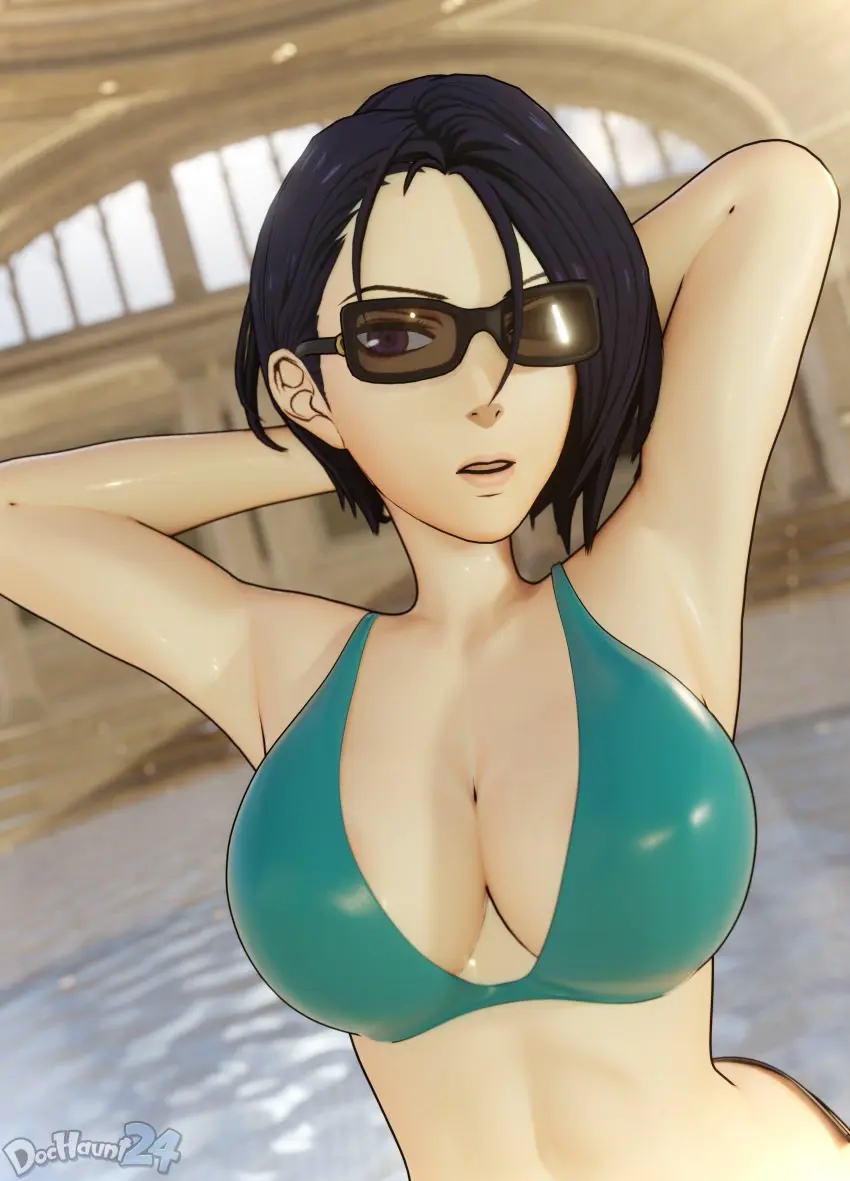 Image 1girls,breasts,female,female_only,large_breasts,solo,blue_hair,short_hair,bikini,water,armpits,arms_behind_head,bare_midriff,cleavage,midriff,glasses,swimsuit,purple_eyes,pose,indoors,nintendo,3d,hair_between_eyes,upper_body,alternate_costume,fire_emblem,fire_emblem:_three_houses,pool,sunglasses,tinted_eyewear,green_bikini,bare_arms,shamir_nevrand,dochaunt24,green_swimsuit