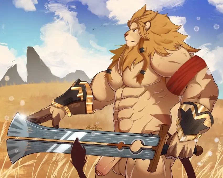Image highres,1boy,absurdres,male,nude,penis,tail,furry,sky,yaoi,balls,anthro,testicles,cloud,bara,claws,holding,male_focus,solo_male,abs,holding_weapon,weapon,mountain,pectorals,blue_sky,furry_male,lion,sword,cloudy_sky,english_commentary,profile,drawreshi,holding_sword,afk_(series),afk_arena,afk_journey,field,brutus_(afk),grasslands