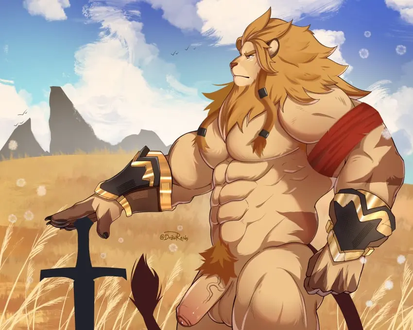 Image highres,1boy,absurdres,male,nude,penis,tail,furry,sky,yaoi,balls,anthro,testicles,cloud,bara,claws,holding,male_focus,solo_male,abs,holding_weapon,weapon,mountain,pectorals,blue_sky,furry_male,lion,sword,cloudy_sky,english_commentary,profile,drawreshi,holding_sword,afk_(series),afk_arena,afk_journey,field,brutus_(afk),grasslands