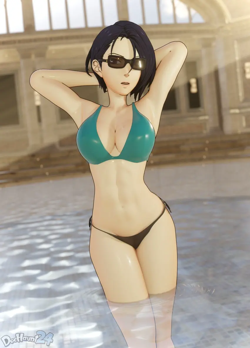 Image 1girls,breasts,female,female_only,large_breasts,solo,standing,blue_hair,short_hair,bikini,water,armpits,arms_behind_head,bare_midriff,cleavage,midriff,glasses,legs,swimsuit,purple_eyes,pose,indoors,nintendo,3d,hair_between_eyes,alternate_costume,black_bikini,fire_emblem,fire_emblem:_three_houses,pool,partially_submerged,green_bikini,bare_legs,bare_arms,black_swimsuit,two-tone_bikini,shamir_nevrand,dochaunt24,green_swimsuit