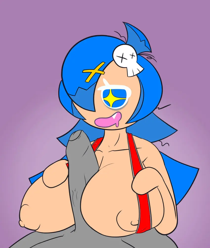 Image breasts,female,absurdres,drooling,anthro,2d,bodily_fluids,boobjob,cookie_run,nasuisi,traced,eye_bags,black_garlic_cookie