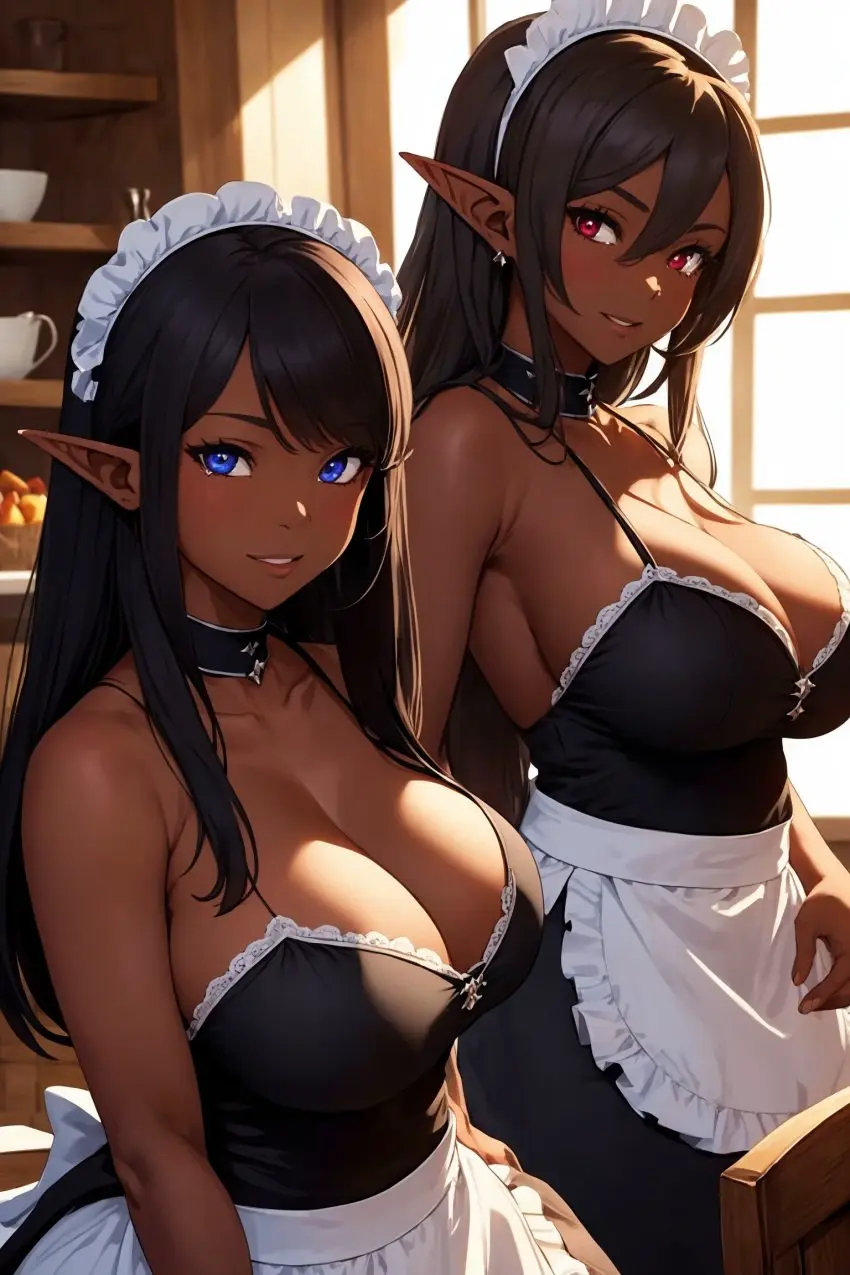 Image big_breasts,breasts,female,long_hair,looking_at_viewer,red_eyes,2girls,blue_eyes,choker,ai_generated,cleavage,maid,maid_uniform,maid_headdress,elf_ears,dark_elf,boob_window,ebony,jinzo1993