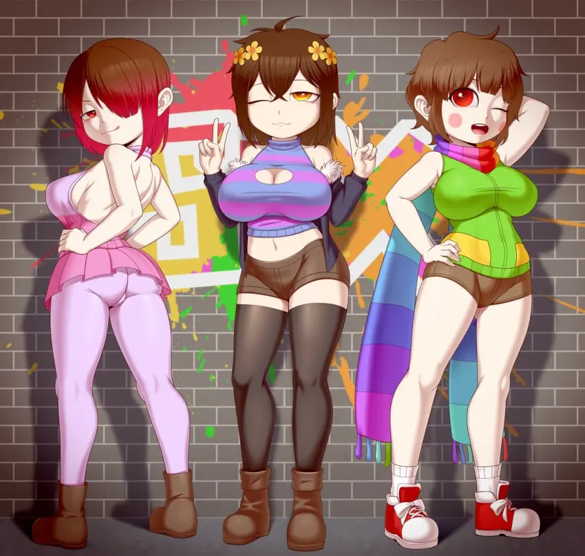 Image breasts,female,female_only,human,red_hair,2d,brown_hair,skirt,3girls,undertale,undertale_(series),human_female,chara,frisk,female_frisk,bete_noire,betty_noire,glitchtale,female_chara,flowerfell,rainven,storyswap,storyswap_chara