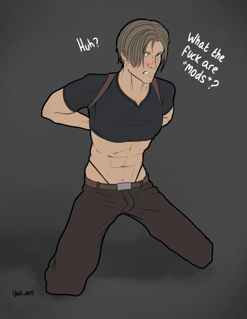 Image blush,male,male_only,tattoo,text,plain_background,on_knees,crop_top,blushing,arms_behind_back,resident_evil,buldge,leon_scott_kennedy,cursing,ijwt_art