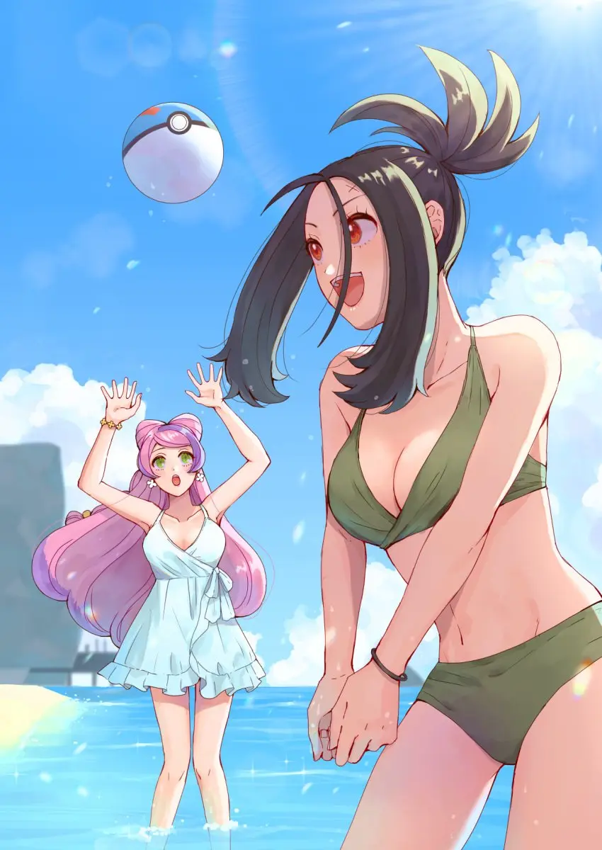 Image big_breasts,breasts,clothed,clothing,female,light-skinned_female,light_skin,long_hair,red_eyes,2girls,black_hair,navel,pokemon,bikini,earrings,multicolored_hair,ponytail,beach,water,ocean,sky,cleavage,clothed_female,midriff,pink_hair,green_eyes,medium_breasts,swimsuit,dress,purple_hair,nintendo,outdoors,white_dress,fit,fit_female,straight_hair,bracelet,pokemon_sv,2024,outside,scar,high_ponytail,younger_female,playing,day,sunlight,daytime,sun,green_bikini,clouds,pokeball,hair_buns,in_water,scar_on_face,beach_ball,volleyball,hairbuns,lens_flare,adult_female,friends,adult,buns,dendra_(pokemon),miriam_(pokemon),green_swimsuit,nm_ngi