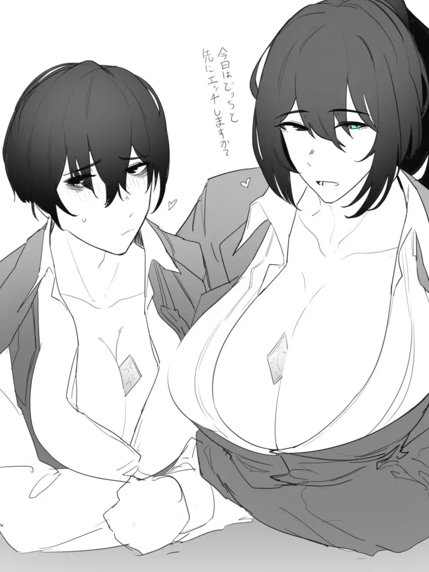 Image big_breasts,blush,breasts,clothed,female,long_hair,looking_at_viewer,open_mouth,smile,standing,2girls,black_hair,sweat,condom,presenting,monochrome,heart,rule_63,project_moon,limbus_company,hong_lu,acuonoa,yi_sang_(limbus_company)