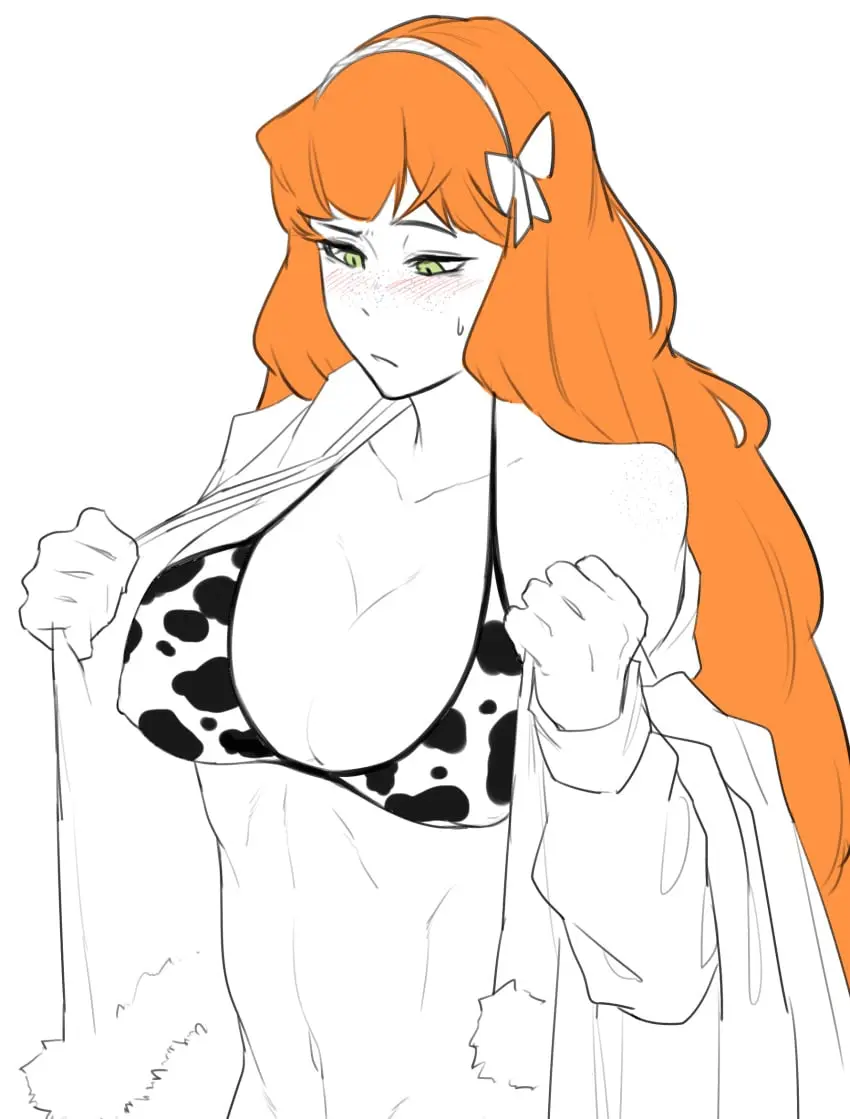 Image 1girls,big_breasts,blush,breasts,female,long_hair,open_mouth,open_shirt,solo,standing,white_background,sweat,freckles,orange_hair,green_eyes,cow_print,presenting,ribbon,partially_clothed,nipples_visible_through_clothing,project_moon,limbus_company,ishmael_(limbus_company),acuonoa