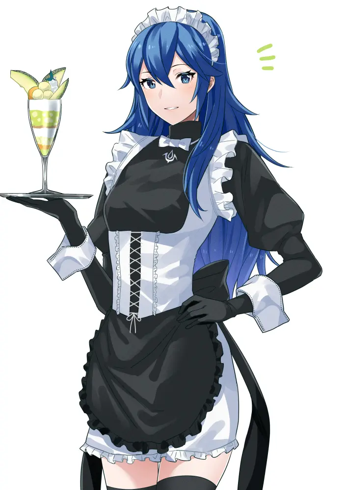 Image 1girls,breasts,female,long_hair,looking_at_viewer,solo,blue_eyes,blue_hair,elbow_gloves,gloves,symbol-shaped_pupils,thighhighs,small_breasts,wavy_hair,parted_lips,dress,nintendo,hand_on_own_hip,hair_between_eyes,maid,maid_uniform,black_dress,alternate_costume,holding,maid_headdress,apron,fire_emblem,fire_emblem_awakening,lucina_(fire_emblem),tray,corset,bowtie,black_thighhighs,cup,food,fruit,enmaided,wrist_cuffs,maid_apron,drink,frills,drinking_glass,holding_tray,zettai_ryouiki,frilled_dress,ameno_(a_meno0)