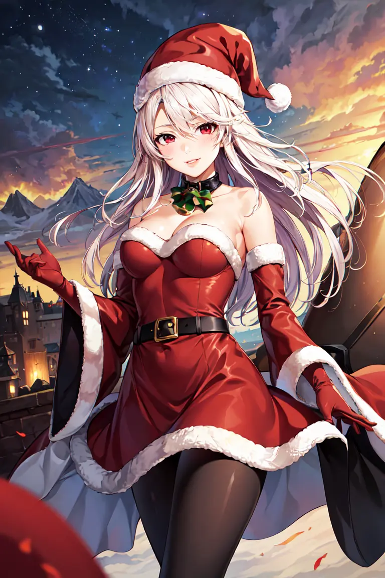Image long_hair,red_eyes,gloves,ai_generated,cleavage,collarbone,detached_sleeves,fur,pantyhose,santa_costume,santa_hat,christmas_outfit,nanatsu_no_taizai,seven_deadly_sins,7ds_grand_cross,lillia_(nanatsu_no_taizai),seven_catastrophes,smartneto