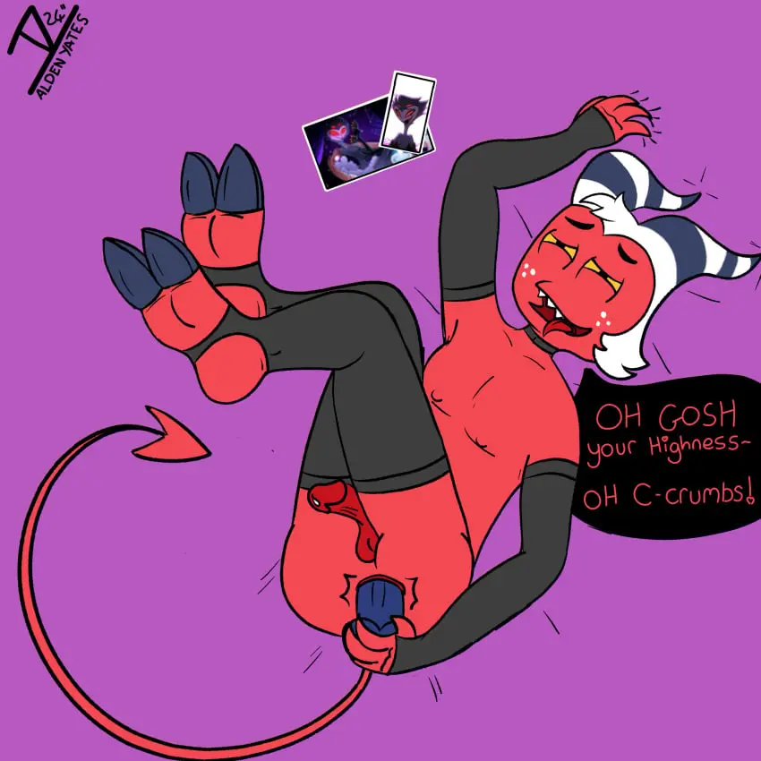 Image clothing,hi_res,cum,male,nude,penis,lying,on_back,feet,anal,male/male,male_only,demon,stockings,genital_fluids,masturbation,bodily_fluids,genitals,sex_toy,horn,dildo,legwear,helluva_boss,hooves,anal_masturbation,imp,photo,invalid_tag,moxxie_(helluva_boss),aldenyates
