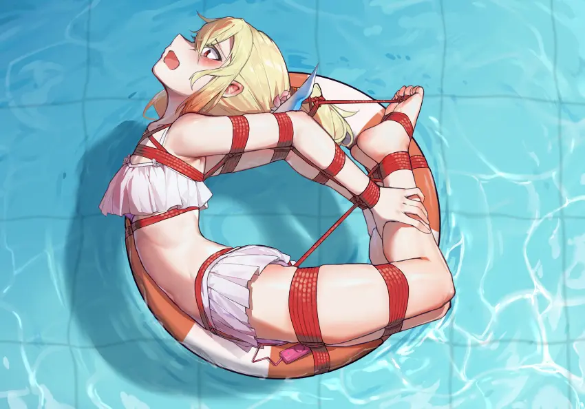 Image female,female_only,highres,open_mouth,red_eyes,solo,absurdres,bikini,ponytail,blonde_hair,swimsuit,restrained,sex_toy,white_bikini,bondage,arched_back,femsub,bound,vibrator,rope,bound_arms,egg_vibrator,bound_legs,bikini_skirt,innertube,swim_ring,yuuki_yuuna_wa_yuusha_de_aru,yuusha_de_aru,afloat,fuyou_lilienthal_yuuna,xiongmao