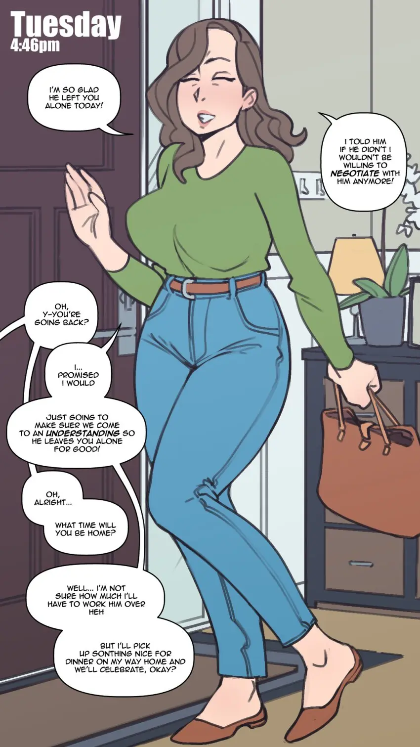 Image 1girls,big_breasts,breasts,clothed,female,light-skinned_female,milf,original,original_character,mature_female,comic,english_text,speech_bubble,cheating,netorare,ntr,denim,jeans,9:16,cuckold,cheating_wife,english_dialogue,corruption,motherly_cuckold,bully,not_enough_milk_(artist),cucked_by_bully,eileen_moore,isaac_adams,mom_with_bully,cheating_mother,cuckolded