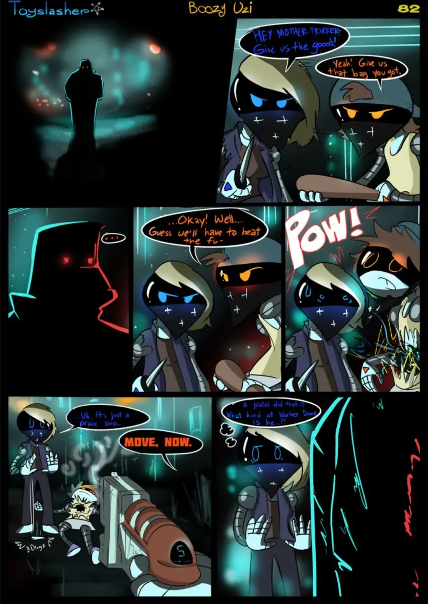 Image humanoid,2d,original_character,comic,dialogue,2024,english,robot,robot_humanoid,page_number,gun,murder_drones,screen_face,boozy_uzi,toyslasher,unseen_character,nikolay_(toyslasher),page_82