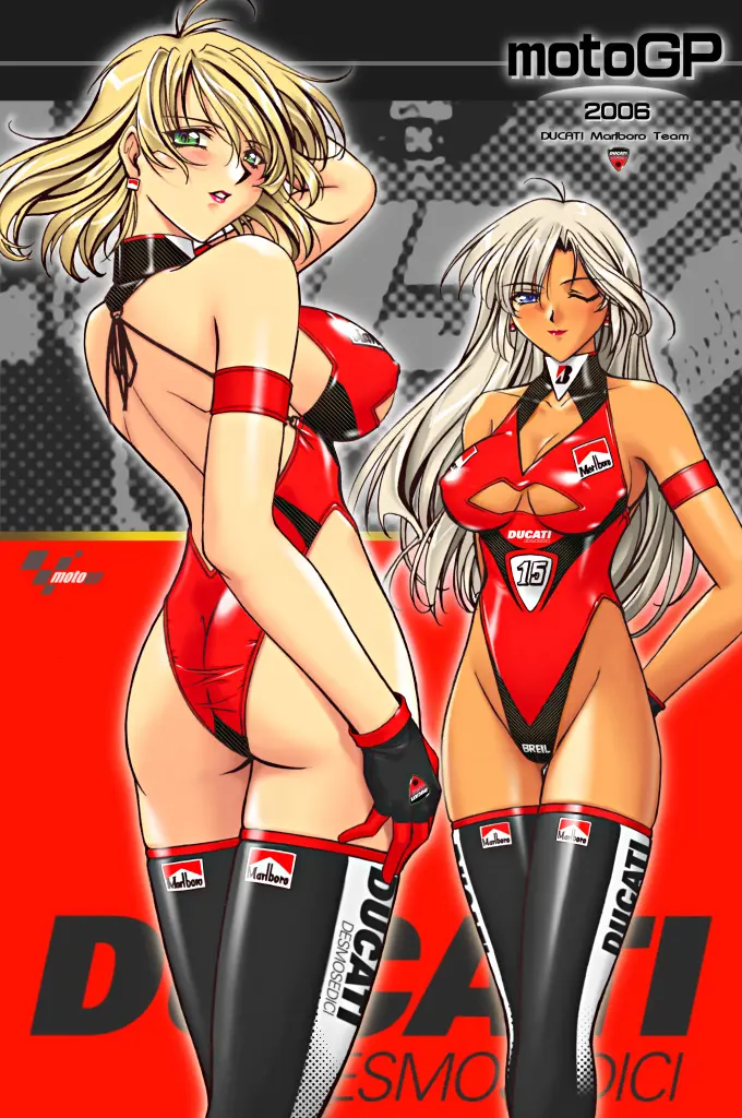 Image breasts,female,large_breasts,long_hair,looking_at_viewer,white_hair,2girls,blue_eyes,gloves,short_hair,thighhighs,ass,earrings,blonde_hair,green_eyes,makeup,lipstick,leotard,armband,race_queen,red_leotard,ducati_motor_(company),marlboro,moto_gp,r1