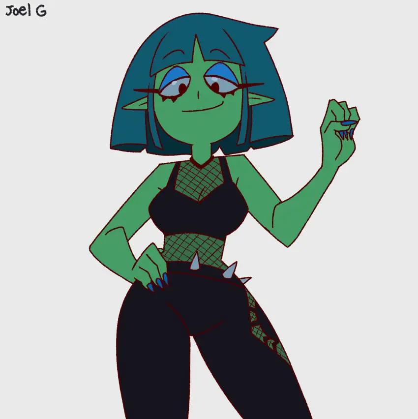 Image breasts,female,looking_at_viewer,simple_background,white_background,bangs,short_hair,bra,sports_bra,cleavage,eyebrows,eyebrows_visible_through_hair,eyelashes,grin,green_eyes,medium_breasts,green_skin,nail_polish,looking_down,green_hair,belt,elf_ears,fishnets,blue_nails,nails,spikes,black_pants,bob_cut,hands_on_hips,blue_eyeshadow,joel_g,hands_up_(joel_g),margo_(joel_g),spiked_belt
