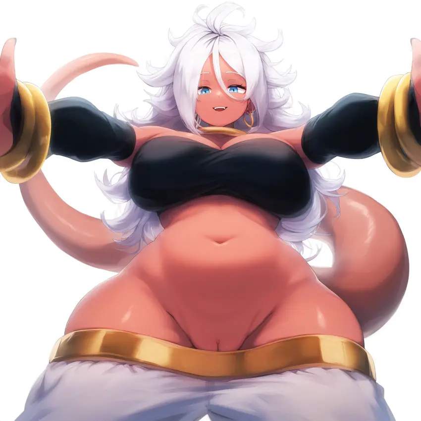 Image breasts,female,smile,white_hair,blue_eyes,navel,pussy,tail,thick_thighs,wide_hips,ai_generated,huge_breasts,outstretched_arms,pussy_peek,pants_down,dragon_ball,android_21,dragon_ball_fighterz,pink_skin,majin_android_21,novelai,white_pants,reaching_towards_viewer,gold_jewelry,arm_warmers