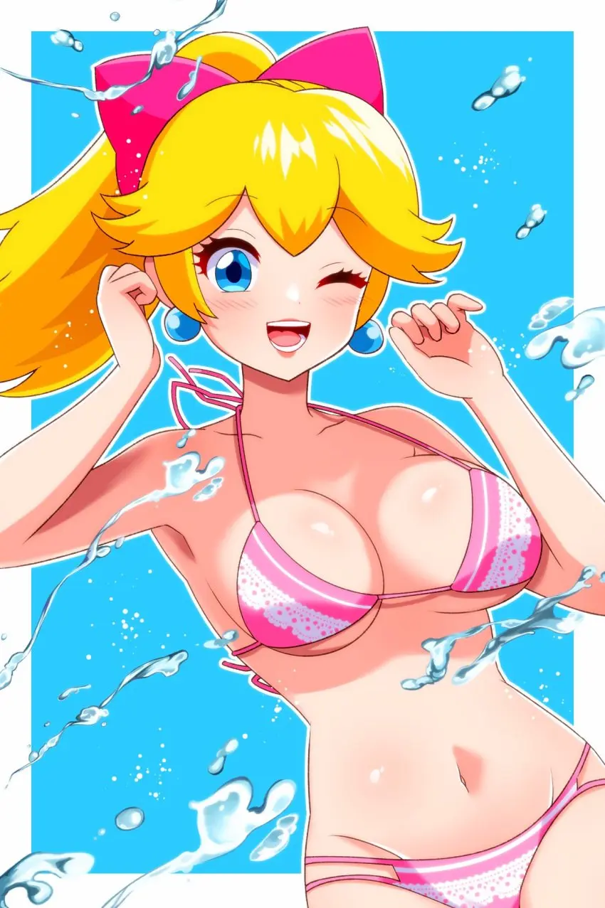 Image 1girls,breasts,female,female_only,large_breasts,looking_at_viewer,blue_eyes,navel,bikini,earrings,ponytail,water,midriff,blonde_hair,swimsuit,hair_ribbon,mario_(series),nintendo,revealing_clothes,princess_peach,fully_clothed,pink_bikini,pink_swimsuit,princess_peach:_showtime!,dooon_chaaan