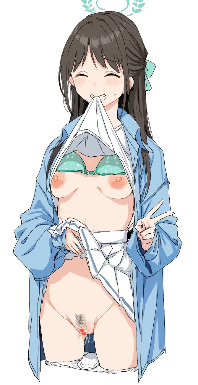 Image 1girls,blush,breasts,clothing,female,female_only,highres,long_hair,shirt,simple_background,smile,solo,white_background,pussy,blue_archive,bra,panties,underwear,small_breasts,teeth,halo,pussy_juice,censored,brown_hair,closed_eyes,pubic_hair,mouth_hold,skirt,white_shirt,white_panties,clothes_lift,shirt_lift,panties_down,female_pubic_hair,legs_together,skirt_lift,v,trinity_general_school_student,white_skirt,heart_censor,after-school_sweets_club_(blue_archive),airi_(blue_archive),blue_bra,airi_(band)_(blue_archive),clearite
