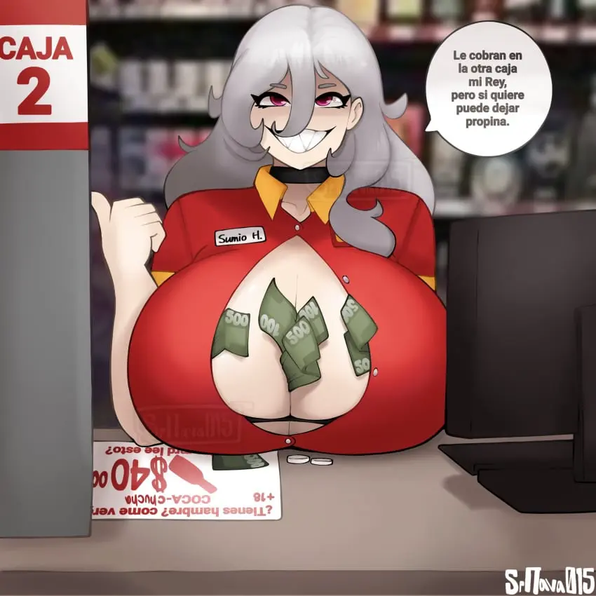 Image big_breasts,breasts,female,white_hair,huge_breasts,original_character,collar,oc,computer,español,spanish,spanish_text,money,srnava,oxxo,oxxo_girl