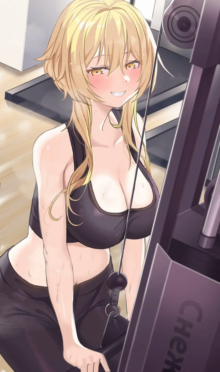 Image 1girls,breasts,female,female_only,large_breasts,looking_at_viewer,navel,short_hair,sweat,yellow_eyes,sports_bra,midriff,blonde_hair,genshin_impact,yoga_pants,lumine_(genshin_impact),wooden_floor,treadmill,black_sports_bra,weightlifting,exercise_equipment,black_yoga_pants,exercising,o-los