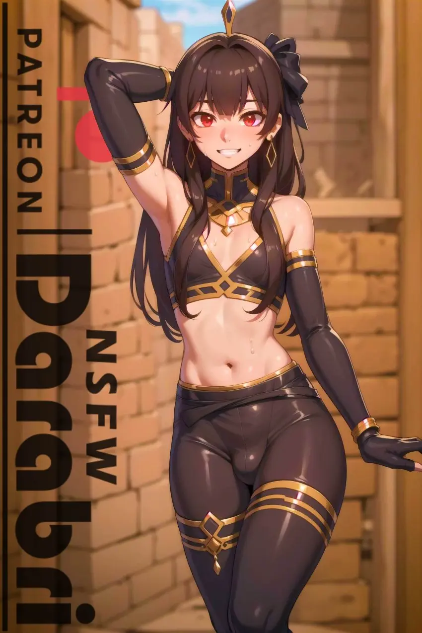 Image blush,long_hair,red_eyes,smile,solo,1boy,bangs,male,earrings,patreon,armpits,ai_generated,femboy,trap,arms_up,bare_shoulders,cleavage,jewelry,open_smile,tagme,brown_hair,detached_sleeves,bulge,glowing_eyes,tight_clothing,hairpin,detailed,flushed,feminine_male,girly,logo,detailed_background,fate_(series),tight_fit,rule_63,toned,crop_top,otoko_no_ko,patreon_logo,abstract_background,fate/grand_order,ishtar_(fate),darabri,beige_skin