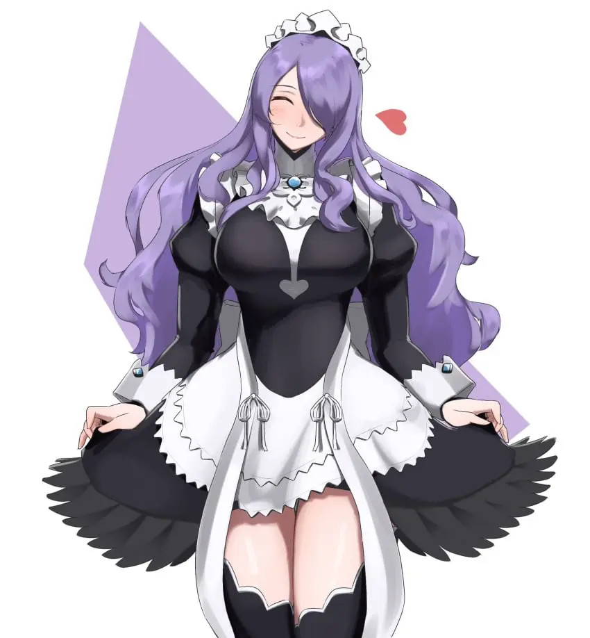 Image 1girls,breasts,cowboy_shot,female,highres,large_breasts,long_hair,smile,solo,thighhighs,hair_over_one_eye,milf,dress,closed_eyes,purple_hair,nintendo,maid,maid_uniform,black_dress,alternate_costume,maid_headdress,heart,apron,fire_emblem,fire_emblem_fates,cosplay,facing_viewer,black_thighhighs,wrist_cuffs,maid_apron,felicia_(fire_emblem),camilla_(fire_emblem),curtsey,felicia_(fire_emblem)_(cosplay),monoi_daru,skirt_hold