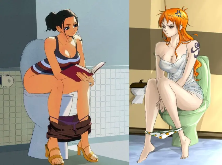 Image female,female_only,black_hair,one_piece,blue_tattoo,nami_(one_piece),orange_hair,post-timeskip,tattoo,artist_request,black_hair_female,no_panties,arm_tattoo,toilet,nico_robin,orange_hair_female,toilet_use