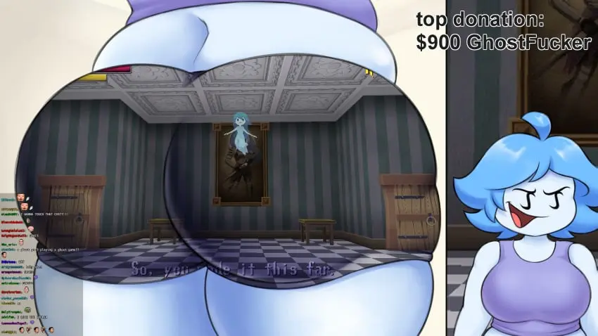 Image big_breasts,breasts,clothed,female,female_only,smile,2girls,blue_hair,ass,big_ass,bubble_butt,thick_thighs,thighs,aqua_hair,midriff,solo_focus,twitch,text,thick_ass,monster_girl,original,ahoge,ghost,sleeveless,shorts,ass_focus,english_text,blue_body,back_view,tank_top,streaming,livestream,ghost_girl,chat_box,chat,chat_log,nightmare_waifu,spooky's_house_of_jump_scares,boolia_(superwiibros08),pamvllo,superwiibros08,green_screen,spooky_(shojs)