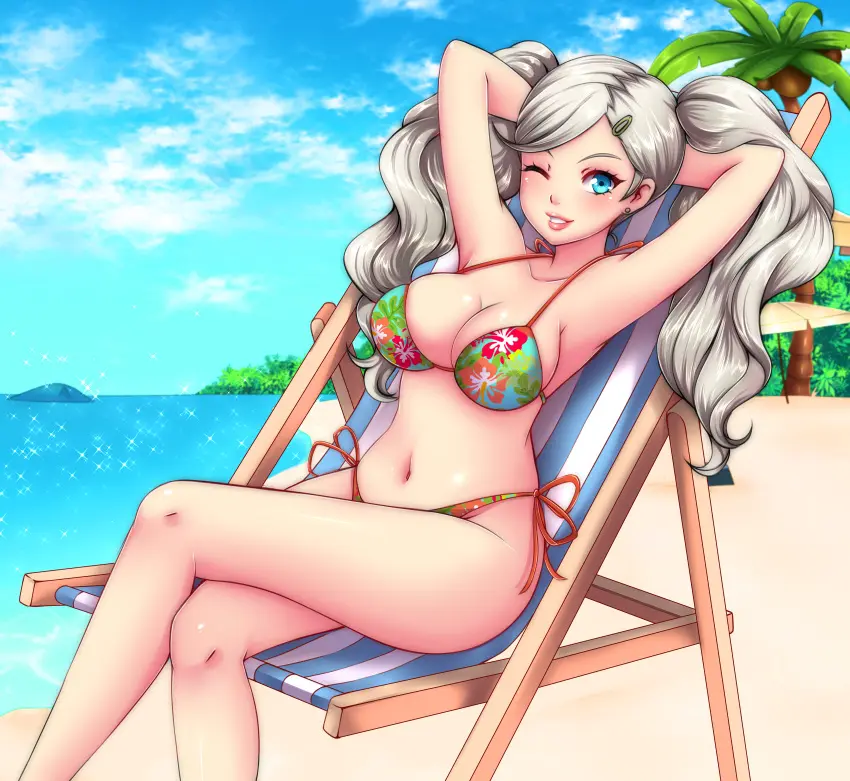Image 1girls,big_breasts,breasts,female,large_breasts,looking_at_viewer,blue_eyes,navel,bikini,earrings,beach,water,ocean,sky,midriff,blonde_hair,hairclip,swimsuit,twintails,outside,persona,side-tie_bikini,persona_5,sitting_on_chair,floral_print,chair,clouds,ann_takamaki,beach_chair,palm_tree,side-tie_swimsuit,sugarbell