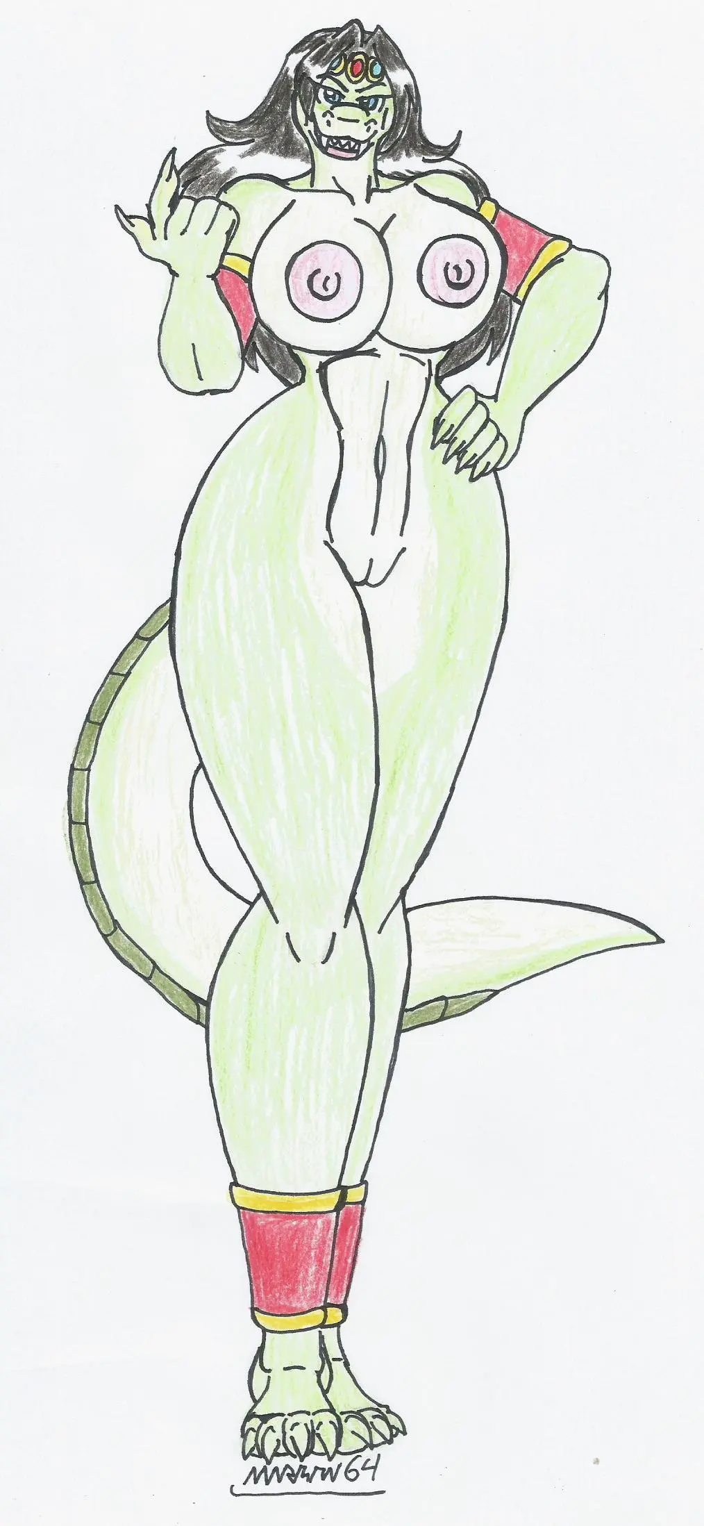 Image big_breasts,breasts,female,looking_at_viewer,white_background,black_hair,blue_eyes,furry,solo_female,anthro,hand_on_hip,naked_female,green_body,green_scales,big_hips,crocodilian,traditional_drawing_(artwork),marlon64,naked_jewelry,nile_(sexyfur)