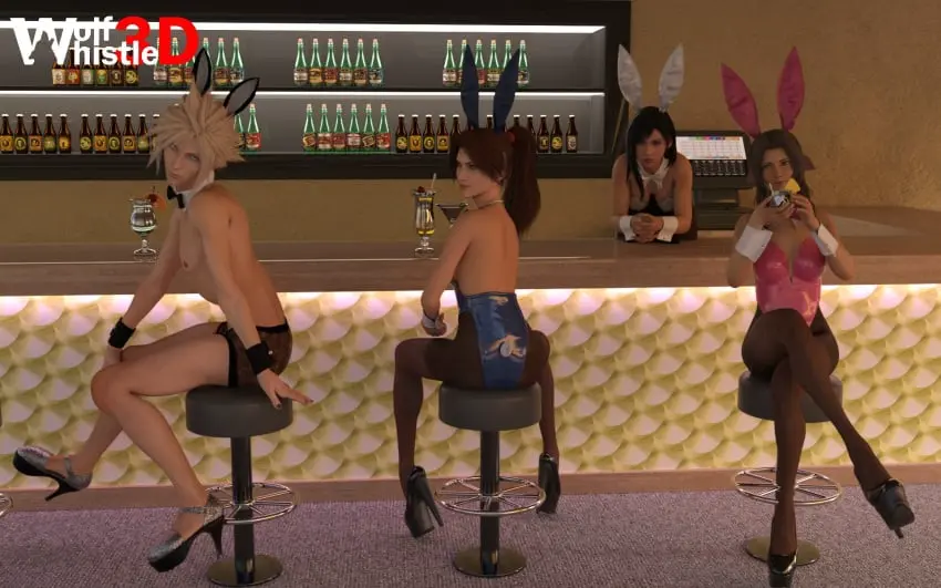 Image brown_eyes,female,red_eyes,1boy,male,multiple_girls,crossdressing,femboy,blonde_hair,green_eyes,brown_hair,indoors,3d,high_heels,platform_heels,3d_(artwork),final_fantasy,final_fantasy_vii,final_fantasy_vii_remake,tifa_lockhart,bunnysuit,playboy_bunny,3d_model,3girls,dark_brown_hair,black_nails,pantyhose,cloud_strife,nightclub,twink,aerith_gainsborough,square_enix,shirtless,bar,male_playboy_bunny,black_nail_polish,alcoholic_drink,shirtless_male,playful,bartender,wolfwhistle3d,jessie_rasberry