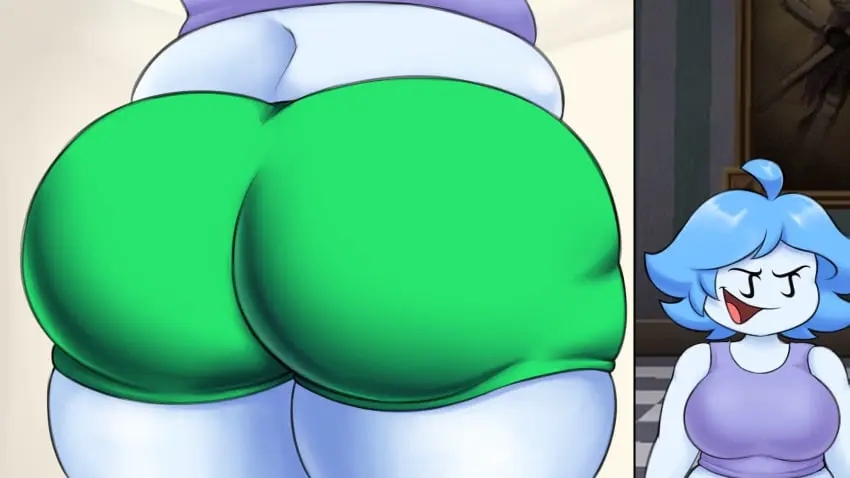 Image 1girls,big_breasts,breasts,clothed,female,smile,solo,blue_hair,ass,big_ass,bubble_butt,thick_thighs,thighs,aqua_hair,midriff,solo_female,thick_ass,original,ahoge,ghost,sleeveless,shorts,ass_focus,blue_body,back_view,tank_top,ghost_girl,green_shorts,boolia_(superwiibros08),pamvllo,superwiibros08,green_screen