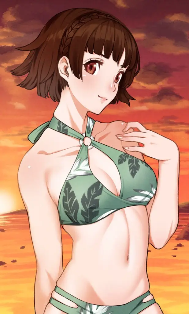 Image 1girls,breasts,brown_eyes,female,looking_at_viewer,navel,short_hair,bikini,beach,water,ocean,sky,midriff,medium_breasts,swimsuit,brown_hair,outside,persona,o-ring,persona_5,green_bikini,clouds,sunset,crown_braid,makoto_niijima,o-ring_bikini,green_swimsuit,o-ring_swimsuit,rojen