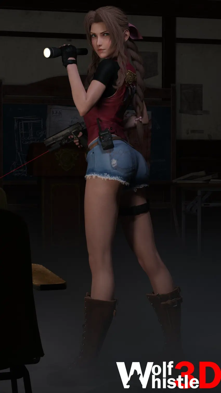 Image 1girls,female,female_only,solo,female_focus,solo_female,solo_focus,brown_hair,3d,3d_(artwork),final_fantasy,final_fantasy_vii,final_fantasy_vii_remake,3d_model,female_human,aerith_gainsborough,square_enix,capcom,resident_evil,resident_evil_2,resident_evil_2_remake,holding_gun,wolfwhistle3d,claire_redfield_(cosplay),holding_flashlight