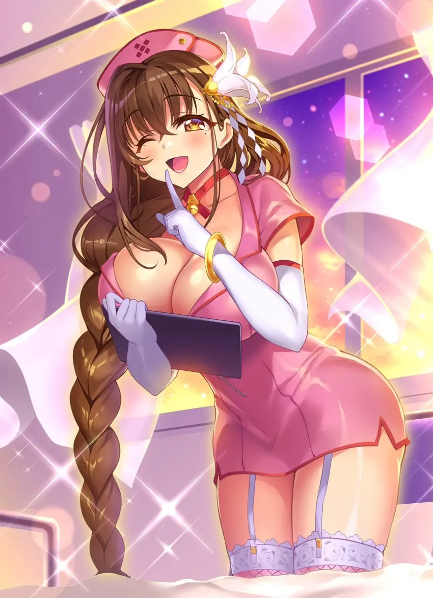 Image 1girls,breasts,female,female_only,large_breasts,looking_at_viewer,elbow_gloves,gloves,thighhighs,yellow_eyes,choker,ponytail,milf,cleavage,stockings,mole,brown_hair,bed,mole_under_eye,curtains,hair_flower,window,fully_clothed,uniform,bell,garter_straps,braided_ponytail,nurse_cap,bell_choker,nurse,nurse_uniform,clipboard,hospital,holding_clipboard,hospital_bed,gan_(shanimuni),kanpani_girls,shirayuri_sakura