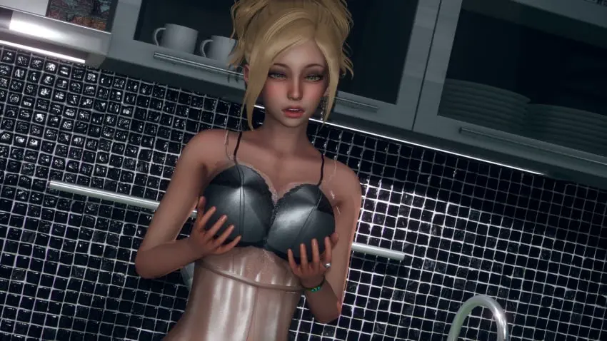 Image 1girls,blush,breasts,female,human,human_only,large_breasts,light-skinned_female,light_skin,open_mouth,solo,standing,underwear,earrings,solo_female,solo_focus,blonde_hair,green_eyes,3d,underwear_only,inside,bracelet,breast_grab,holding_breast,blonde_female,ring,kitchen,black_underwear,holding_own_breast,cup,black_bra,hair_up,mug,caribdis,eternum,penelope_(eternum),penelope_carter